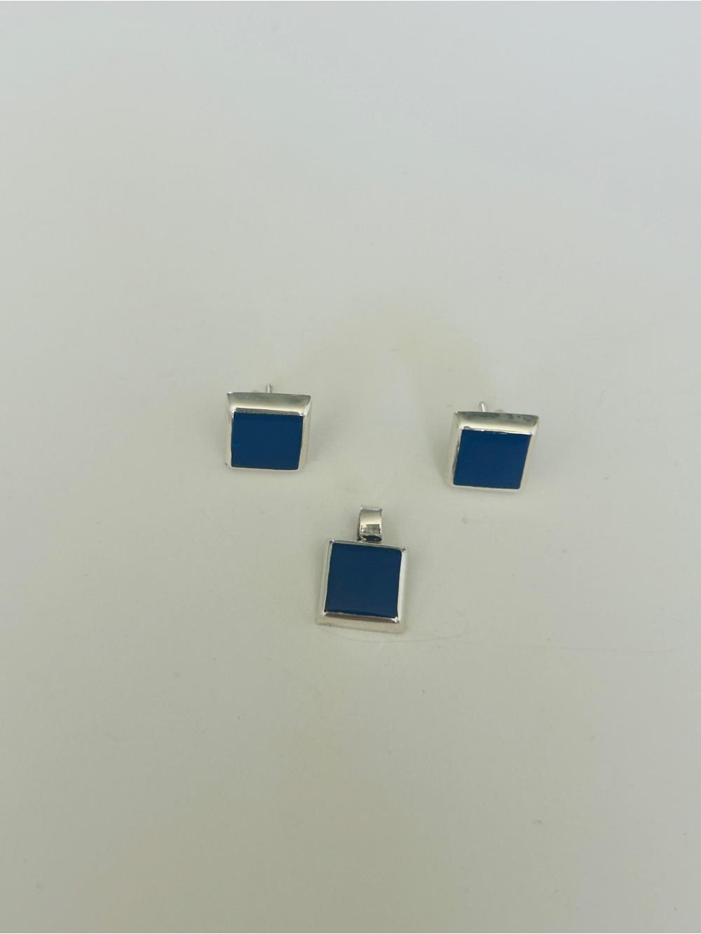 Taxco Mexico 925 Sterling Silver Blue Stud Earrings & Pendant Set 1cm - Picture 3 of 8